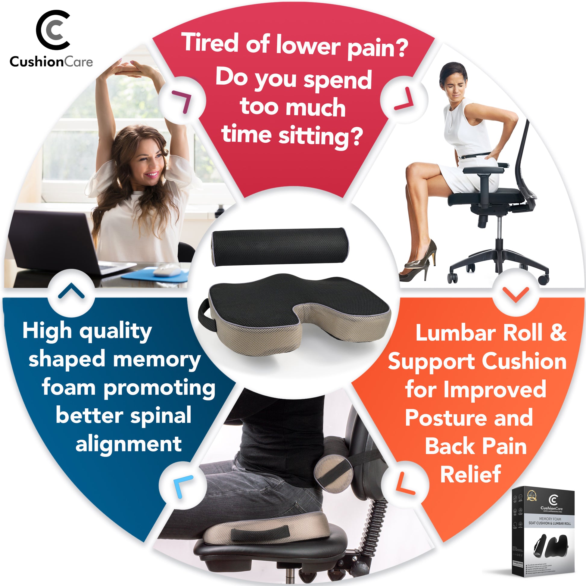 Ergonomic Seat Cushion & Lumbar Roll
